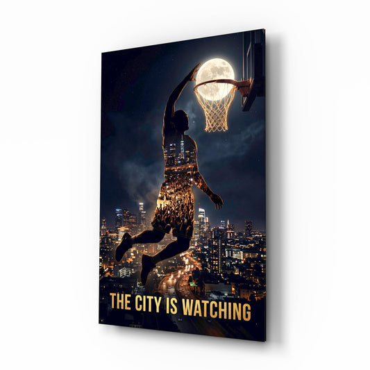 The City Is Watching Moonlit Slam Dunk Glass Wall Art - Lifestyle preview in a designer interior