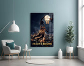 the city is watching moonlit dunk glass wall art styled above an armchair in a reading corner