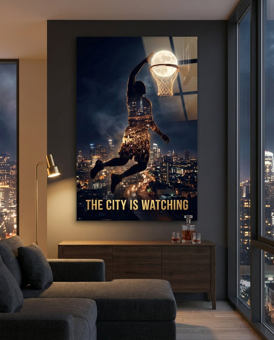 The City Is Watching Moonlit Slam Dunk Glass Wall Art