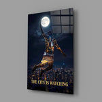 basketball player palming the moon glass wall art angled to show the polished tempered glass panel
