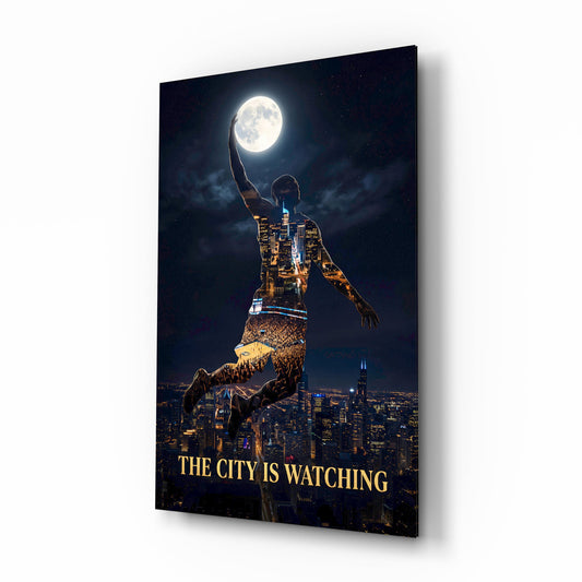 Palming The Moon City Skyline Glass Wall Art - Lifestyle preview in a designer interior