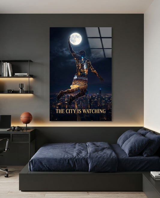 Palming The Moon City Skyline Glass Wall Art