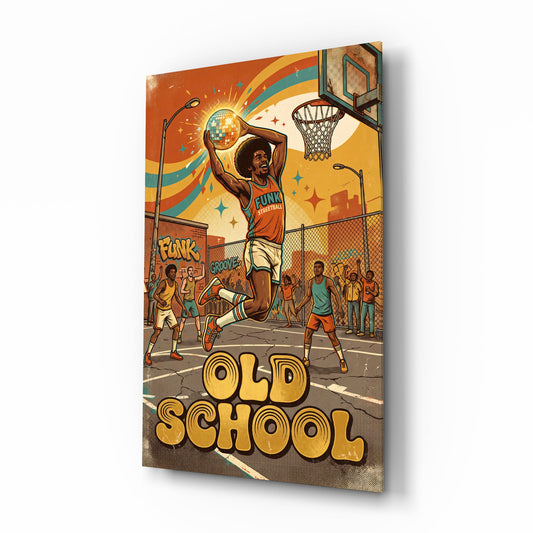 Old School Funk Streetball Disco Dunk Glass Wall Art - Lifestyle preview in a designer interior