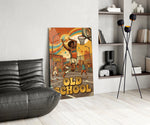 old school funk streetball dunk glass wall art leaning beside a dark leather sofa