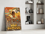 old school funk streetball dunk panel resting in a shelving niche in a modern interior
