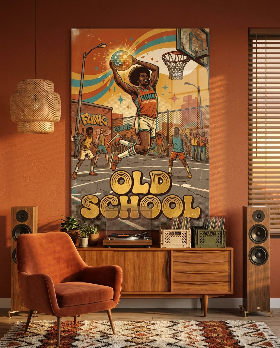 Old School Funk Streetball Disco Dunk Glass Wall Art