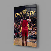 gold Dynasty basketball typography glass wall art angled to show the polished tempered glass panel