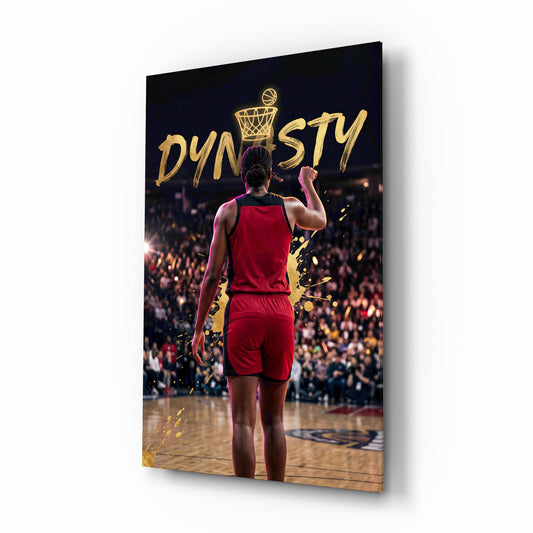 Dynasty Gold Typography Basketball Glass Wall Art - Lifestyle preview in a designer interior