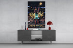 gold Range basketball shooter glass wall art displayed above a console in a designer interior
