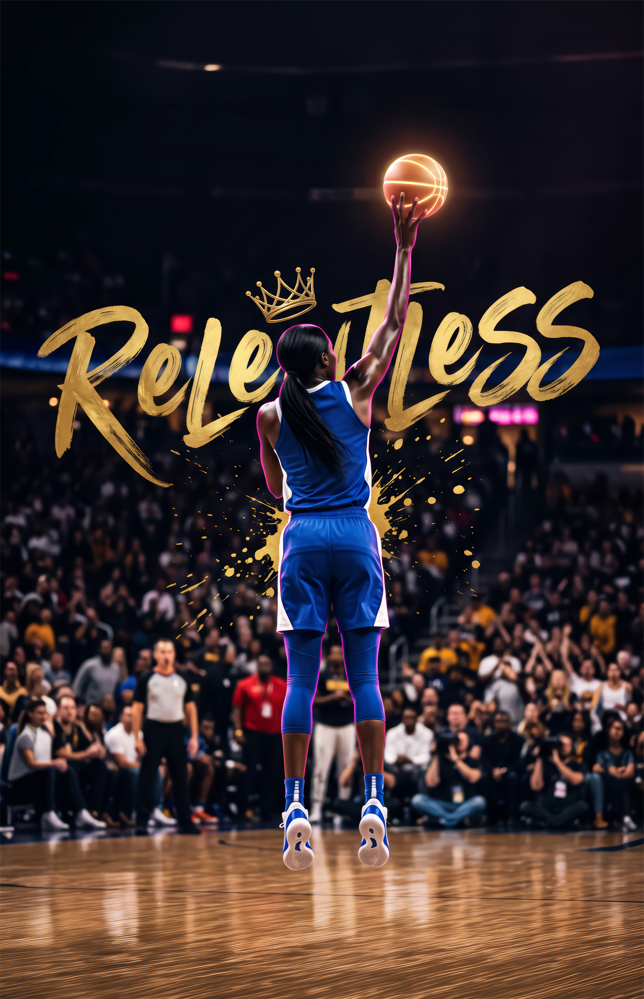 Relentless Gold Crown Basketball Jump Glass Wall Art