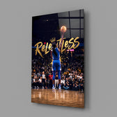 gold Relentless basketball jump shot glass wall art angled to show the polished tempered glass panel