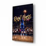 Relentless Gold Crown Basketball Jump Glass Wall Art - Lifestyle preview in a designer interior