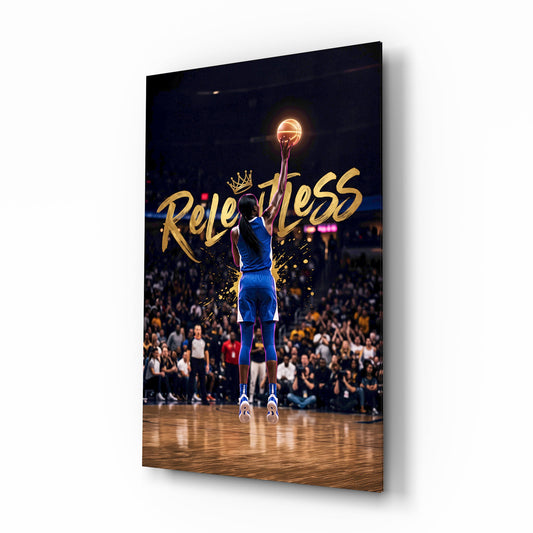 Relentless Gold Crown Basketball Jump Glass Wall Art - Lifestyle preview in a designer interior