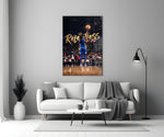 gold Relentless basketball jump shot panel bringing character to a minimalist living room wall