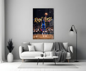 gold Relentless basketball jump shot panel bringing character to a minimalist living room wall