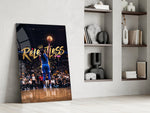 gold Relentless basketball jump shot panel resting in a shelving niche in a modern interior