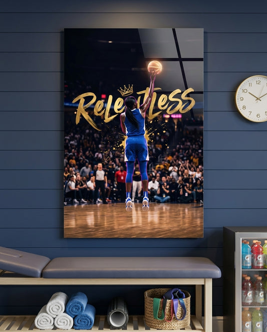 Relentless Gold Crown Basketball Jump Glass Wall Art