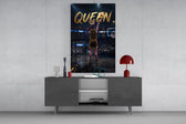 gold Queen basketball shooter glass wall art displayed above a console in a designer interior