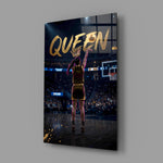 gold Queen basketball shooter glass wall art angled to show the polished tempered glass panel
