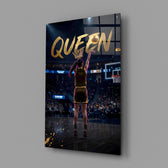 gold Queen basketball shooter glass wall art angled to show the polished tempered glass panel