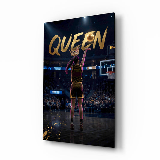 Queen Jeweled Crown Basketball Shooter Glass Wall Art - Lifestyle preview in a designer interior