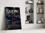 gold Queen basketball shooter panel resting in a shelving niche in a modern interior