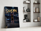 gold Queen basketball shooter panel resting in a shelving niche in a modern interior