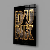 gold Dunk basketball typography glass wall art angled to show the polished tempered glass panel