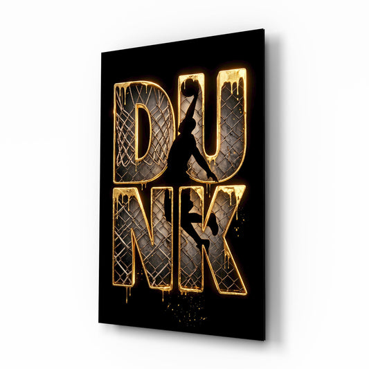Dunk Gold Drip Basketball Net Glass Wall Art - Lifestyle preview in a designer interior