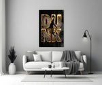 gold Dunk basketball typography panel bringing character to a minimalist living room wall