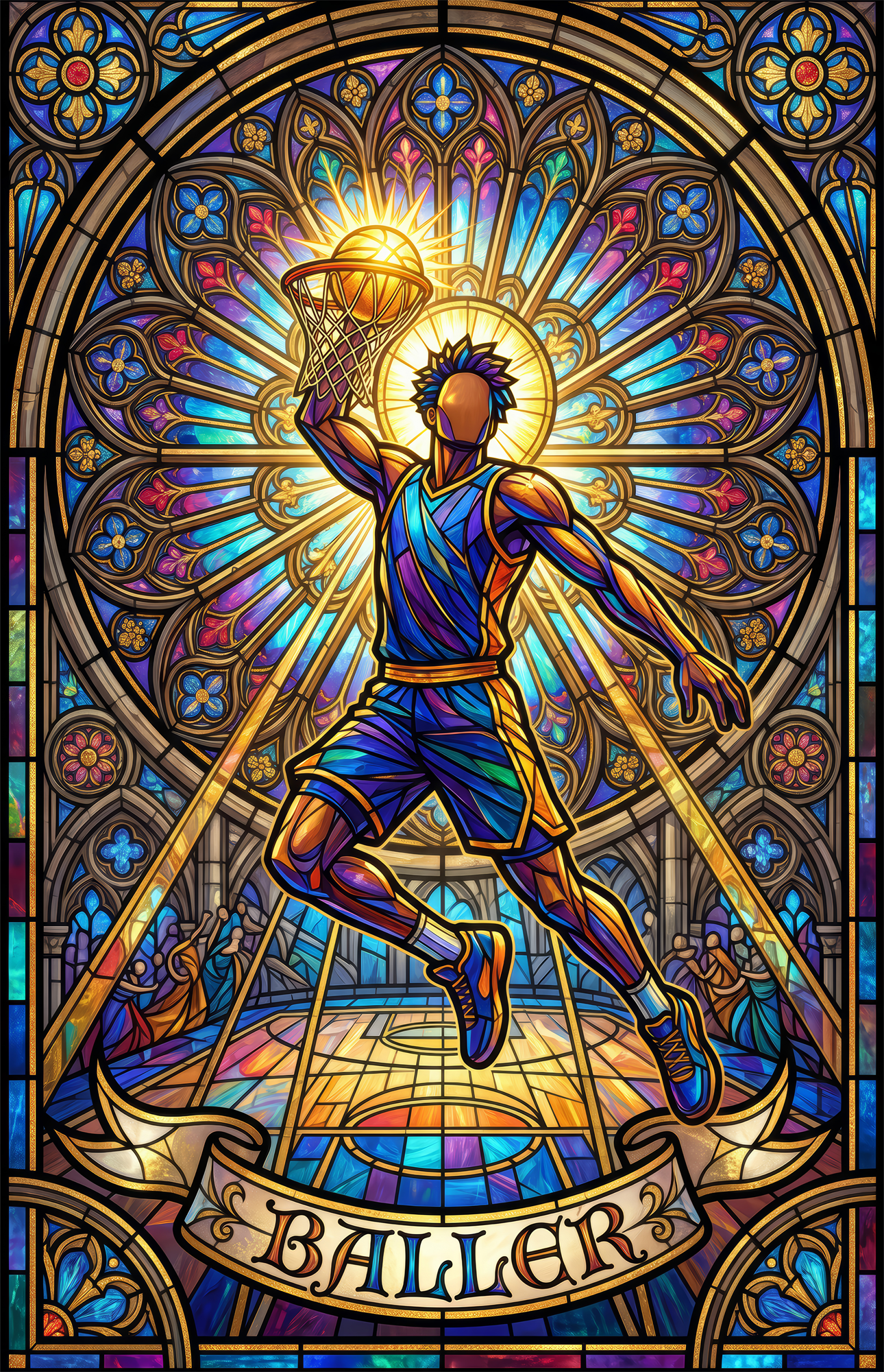 Baller Stained Glass Basketball Player Glass Wall Art