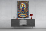 stained glass basketball baller glass wall art displayed above a console in a designer interior