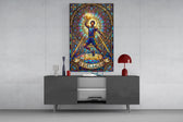 stained glass basketball baller glass wall art displayed above a console in a designer interior