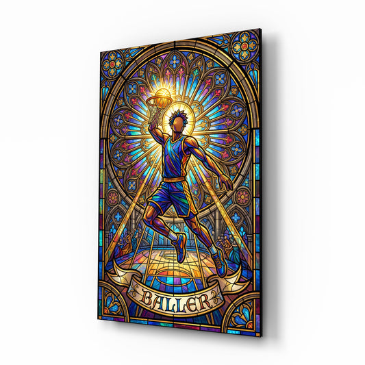 Baller Stained Glass Basketball Player Glass Wall Art - Lifestyle preview in a designer interior