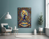 stained glass basketball baller glass wall art styled above an armchair in a reading corner