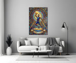 stained glass basketball baller panel bringing character to a minimalist living room wall