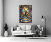 stained glass basketball baller panel bringing character to a minimalist living room wall