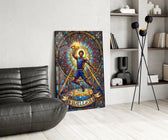 stained glass basketball baller glass wall art leaning beside a dark leather sofa