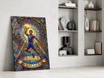 stained glass basketball baller panel resting in a shelving niche in a modern interior