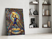 stained glass basketball baller panel resting in a shelving niche in a modern interior