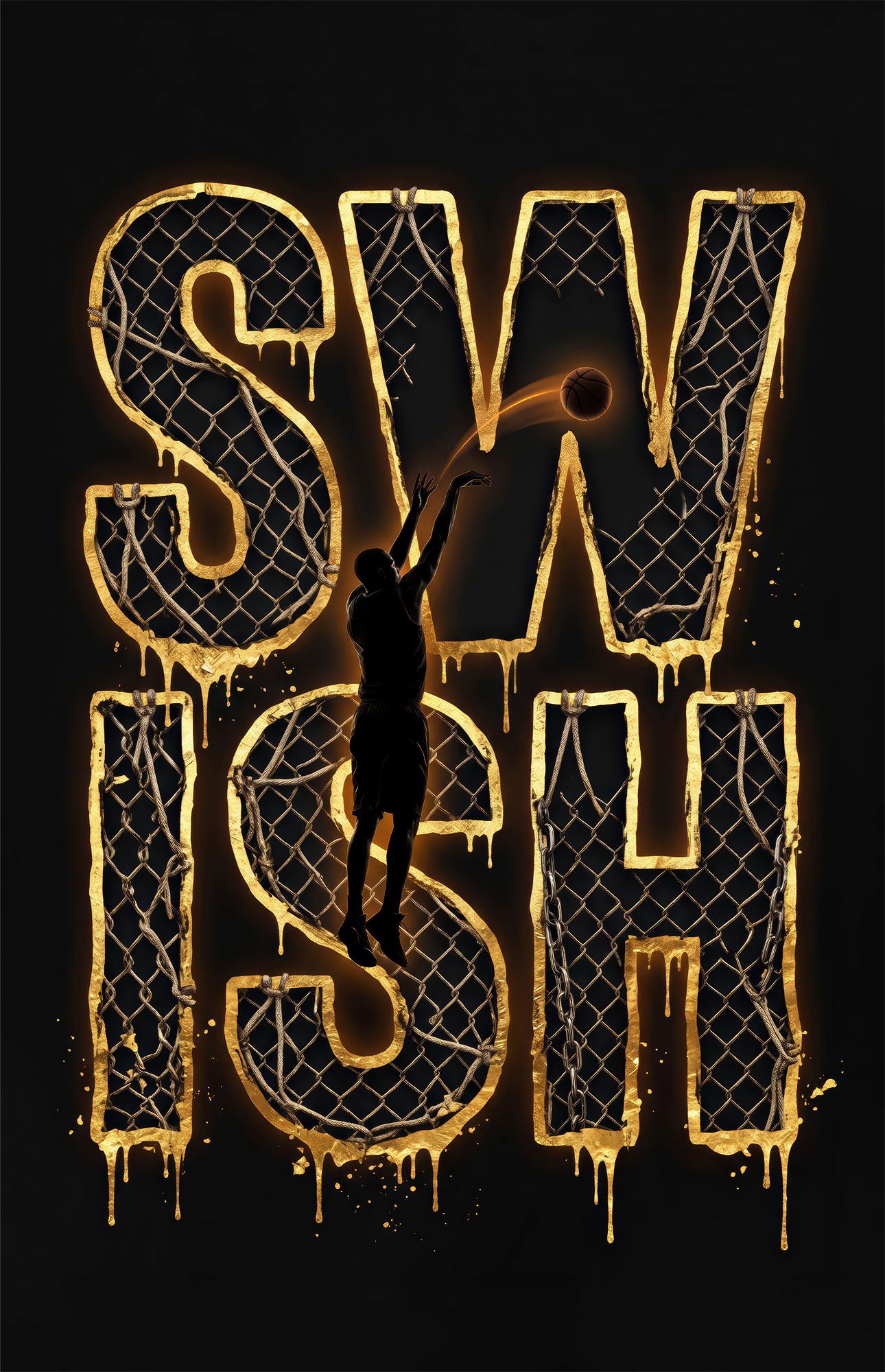 Swish Gold Net Typography Basketball Glass Wall Art