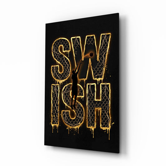 Swish Gold Net Typography Basketball Glass Wall Art - Lifestyle preview in a designer interior