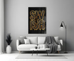 gold Swish basketball typography panel bringing character to a minimalist living room wall
