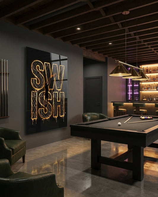 Swish Gold Net Typography Basketball Glass Wall Art