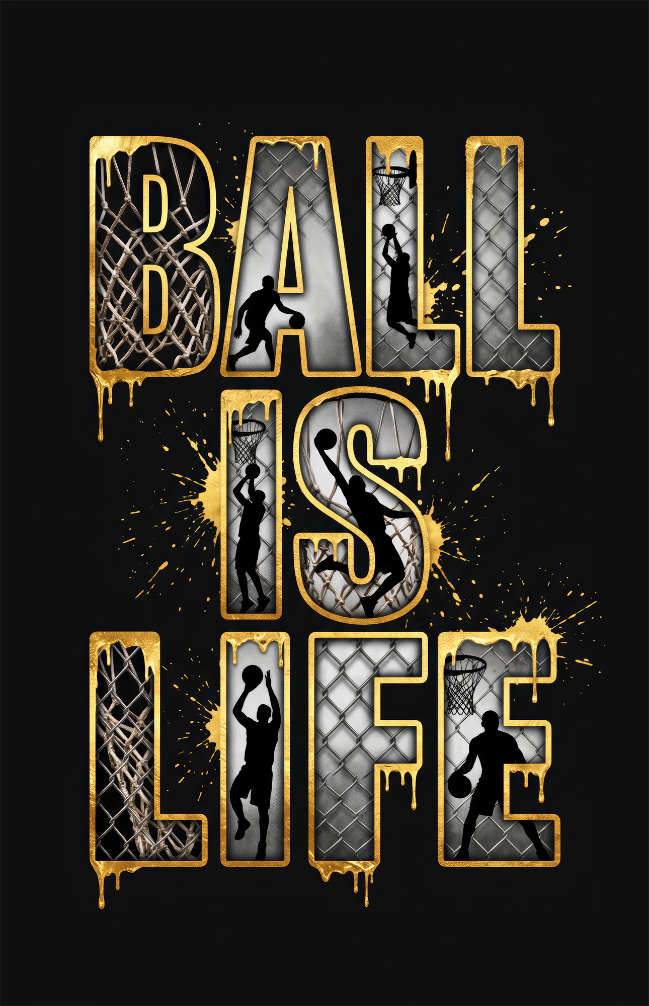 Ball Is Life Gold Typography Basketball Glass Wall Art