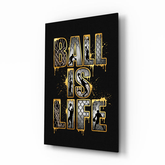 Ball Is Life Gold Typography Basketball Glass Wall Art - Lifestyle preview in a designer interior