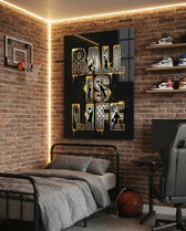 Ball Is Life Gold Typography Basketball Glass Wall Art