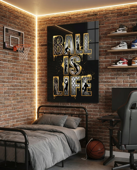 Ball Is Life Gold Typography Basketball Glass Wall Art