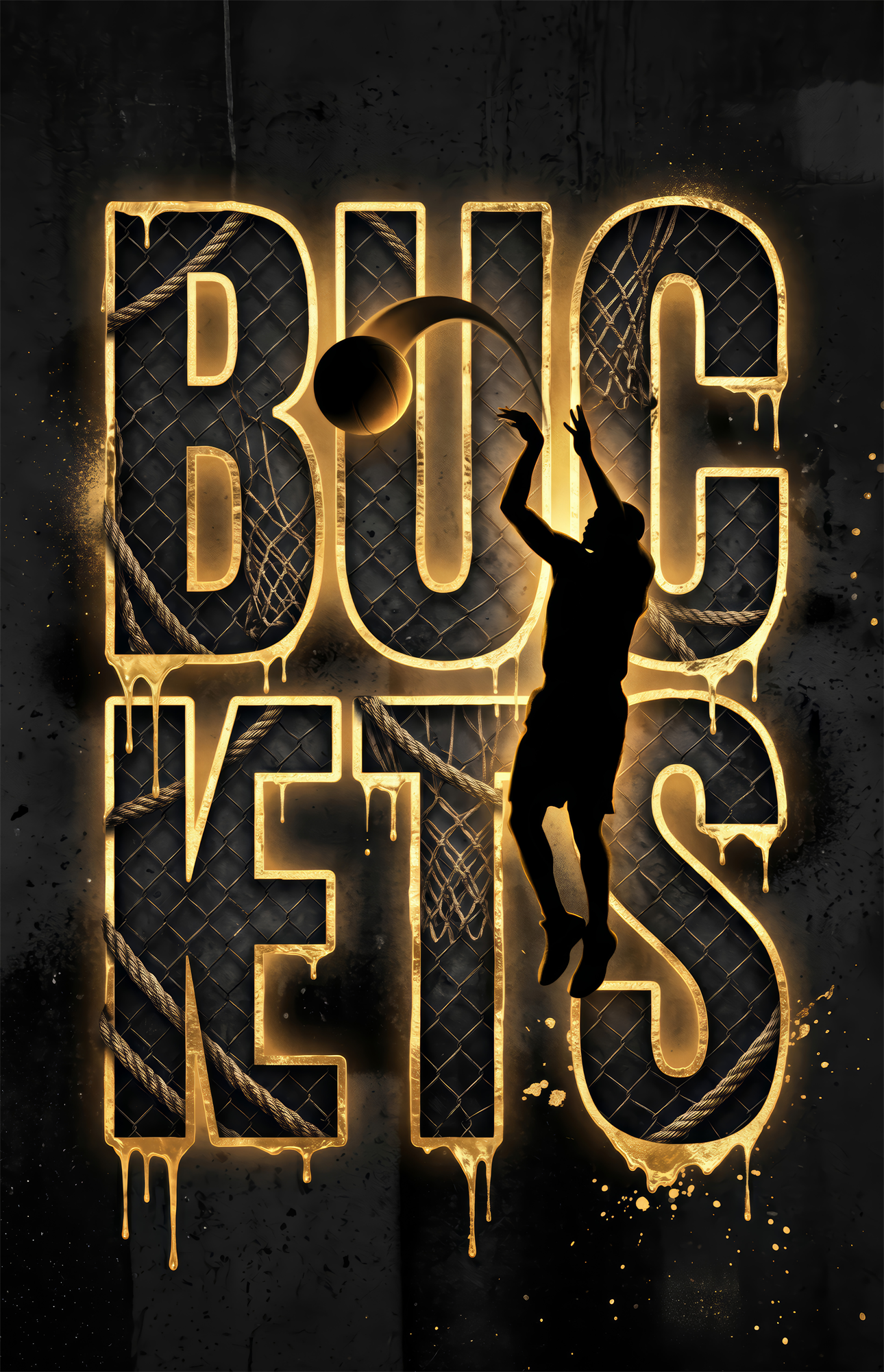 Buckets Gold Basketball Typography Glass Wall Art