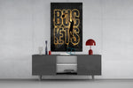 gold basketball typography with a jump-shot silhouette glass wall art displayed above a console in a designer interior